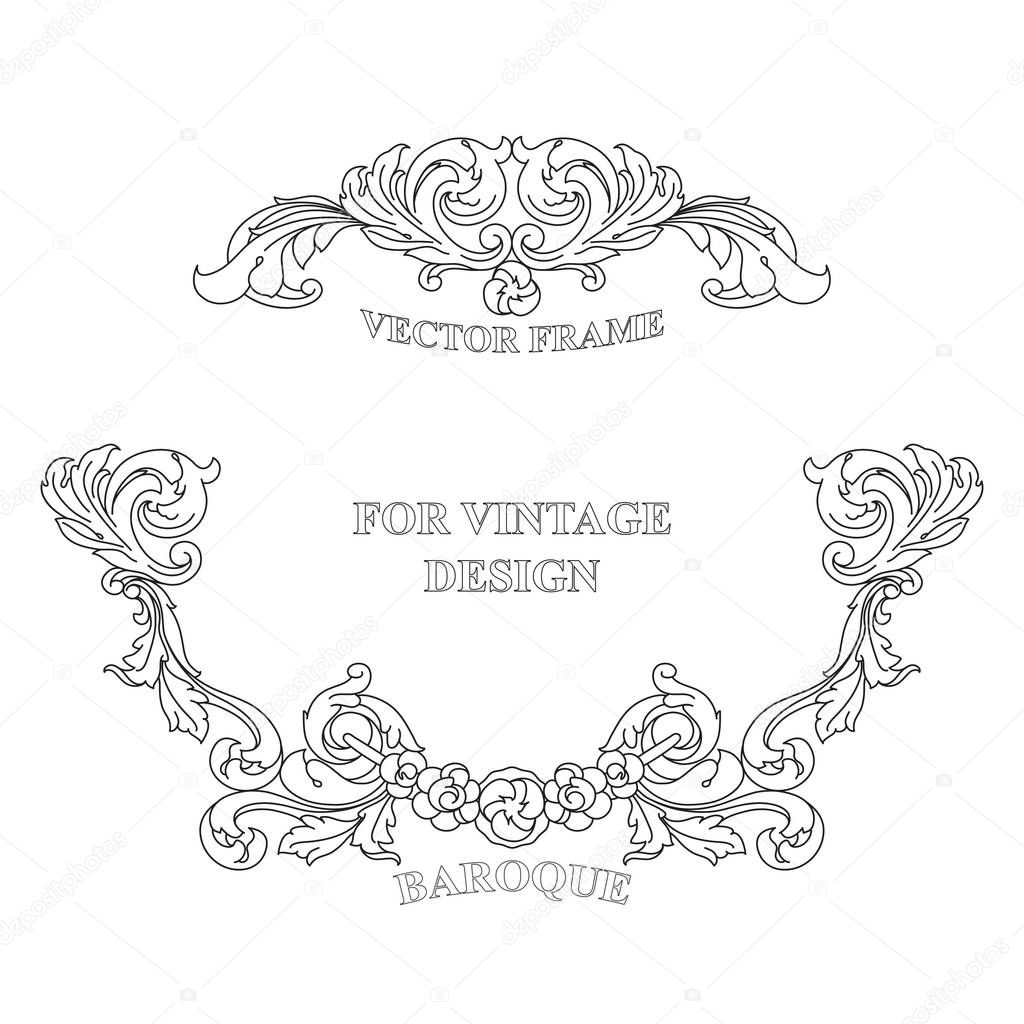 Vector frame with floral ornament on white background for vintage design. Hand drawn art. Decorative retro banner. Baroque. Antique floral illustration.