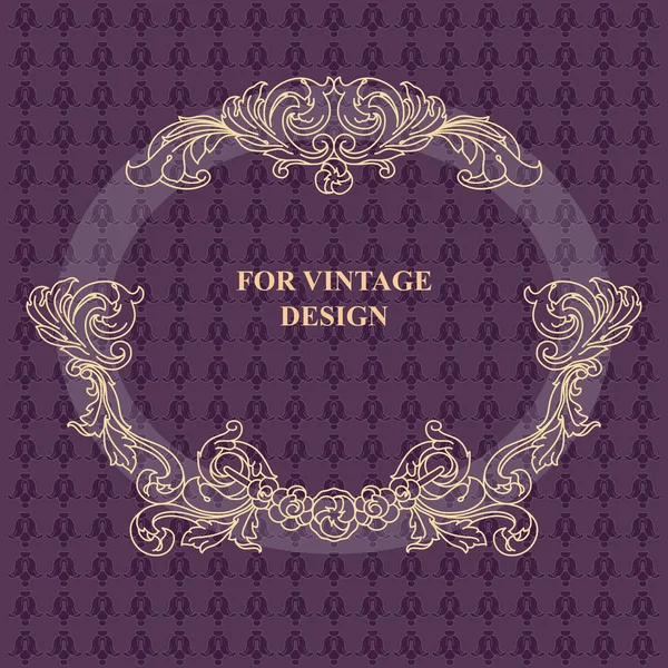 Vector frame with floral ornament on violet background for vintage design. Hand drawn art. Decorative retro banner. Baroque. Antique floral illustration.