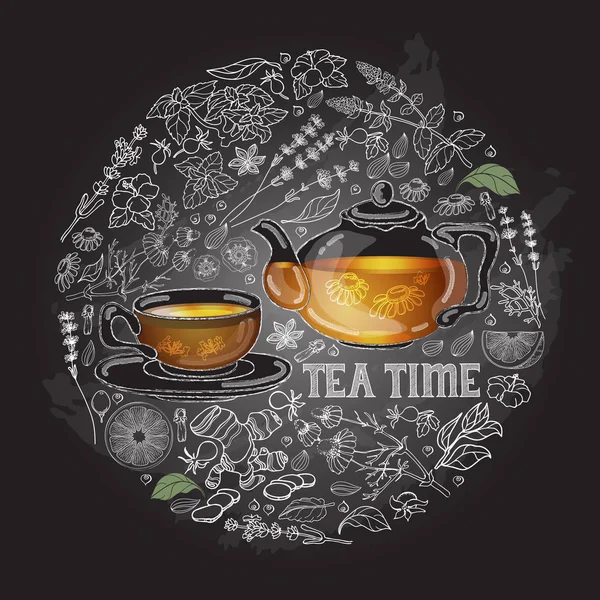 Cartão Vetorial Com Xícara Panela Picante Erva Texto Tea Time —  Vetores de Stock
