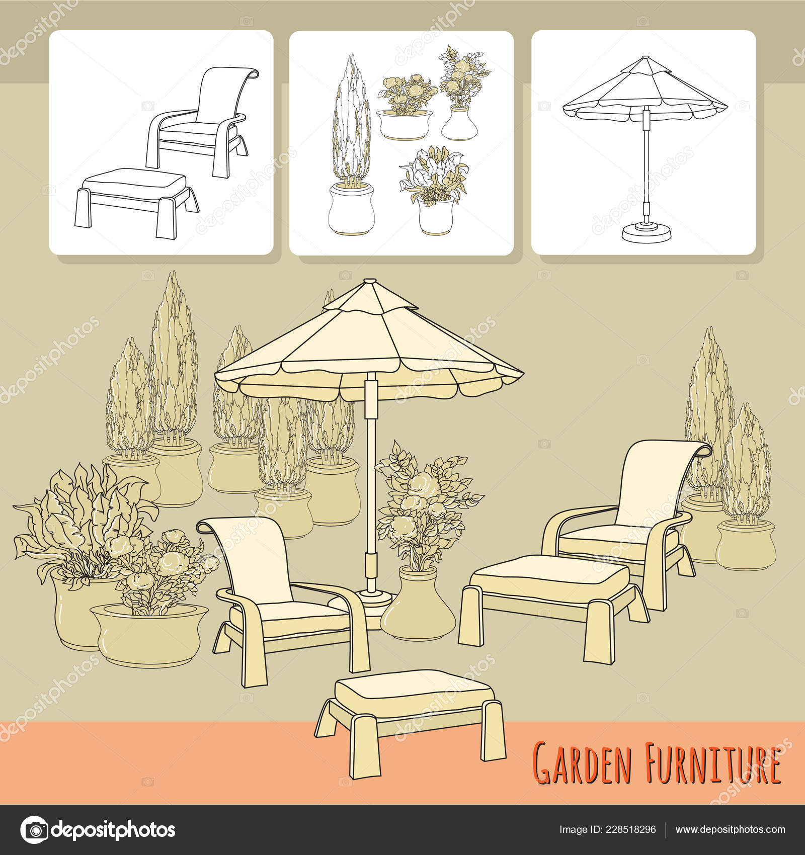 Vector Illustration Hand Drawn Lounge Chairs Patio Umbrella