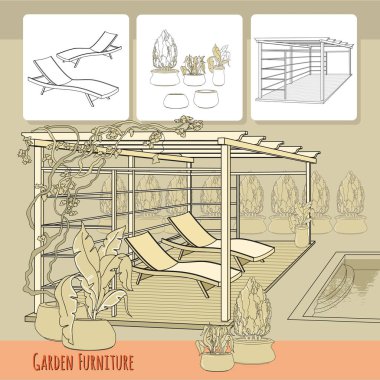 Elle çizilmiş şezlong, veranda, pergola ve çiçekler tencerede vektör Illustration. Bahçe aksesuar bej renkli arka plan üzerinde. Peyzaj tasarımı. Yaz arka dış mekan mobilyaları ile. Dinlenme alanı.