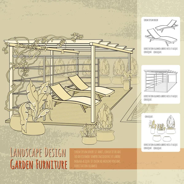 Ilustración Vectorial Sillas Salón Dibujadas Mano Patio Pérgola Flores Maceta — Archivo Imágenes Vectoriales