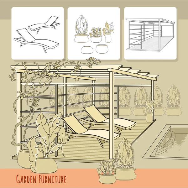 Ilustración Vectorial Sillas Salón Dibujadas Mano Patio Pérgola Flores Maceta — Archivo Imágenes Vectoriales