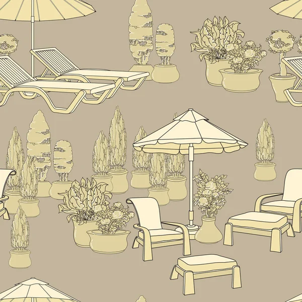 Ilustracja Wektorowa Ręcznie Rysowane Leżaki Parasol Patio Kwiaty Garnku Ogród — Wektor stockowy