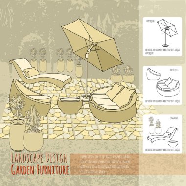 Elle çizilmiş şezlong veranda şemsiye, kaldırım ve çiçekler tencerede altında vektör Illustration. Bahçe aksesuar bej renkli arka plan üzerinde. Peyzaj tasarımı. Yaz arka dış mekan mobilyaları ile. Dinlenme alanı.