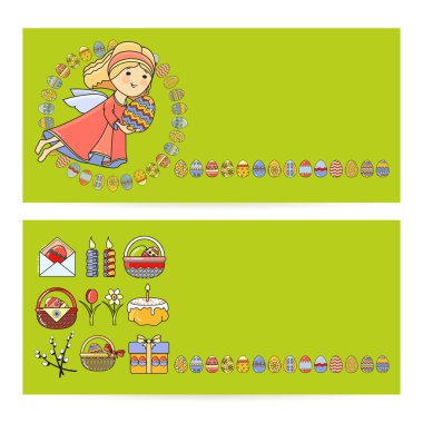 Set Paskalya kartları ile yeşil renkli simgeler vektör Illustration. Dahil Angel, sepet, yumurta, mum, çiçek ve pasta.