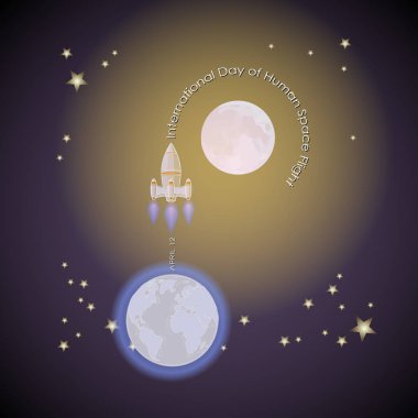 İnsan space flight günün uluslararası vektör Illustration. Roket fırlatma Dünya'dan. Alan karikatür. 
