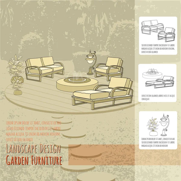 Vectorillustratie Van Hand Getrokken Lounge Stoelen Lantaarn Fontein Bloemen Pot — Stockvector