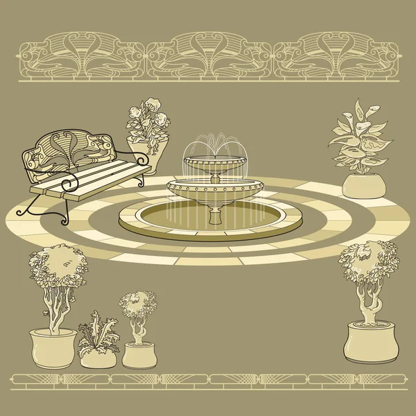 Illustration Vectorielle Banc Dessiné Main Fontaine Balustrades Fleurs Pot Accessoire — Image vectorielle