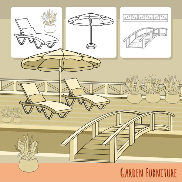 Illustration Vectorielle Chaises Longues Dessinées Main Parasol Pont Fleurs Pot — Image vectorielle