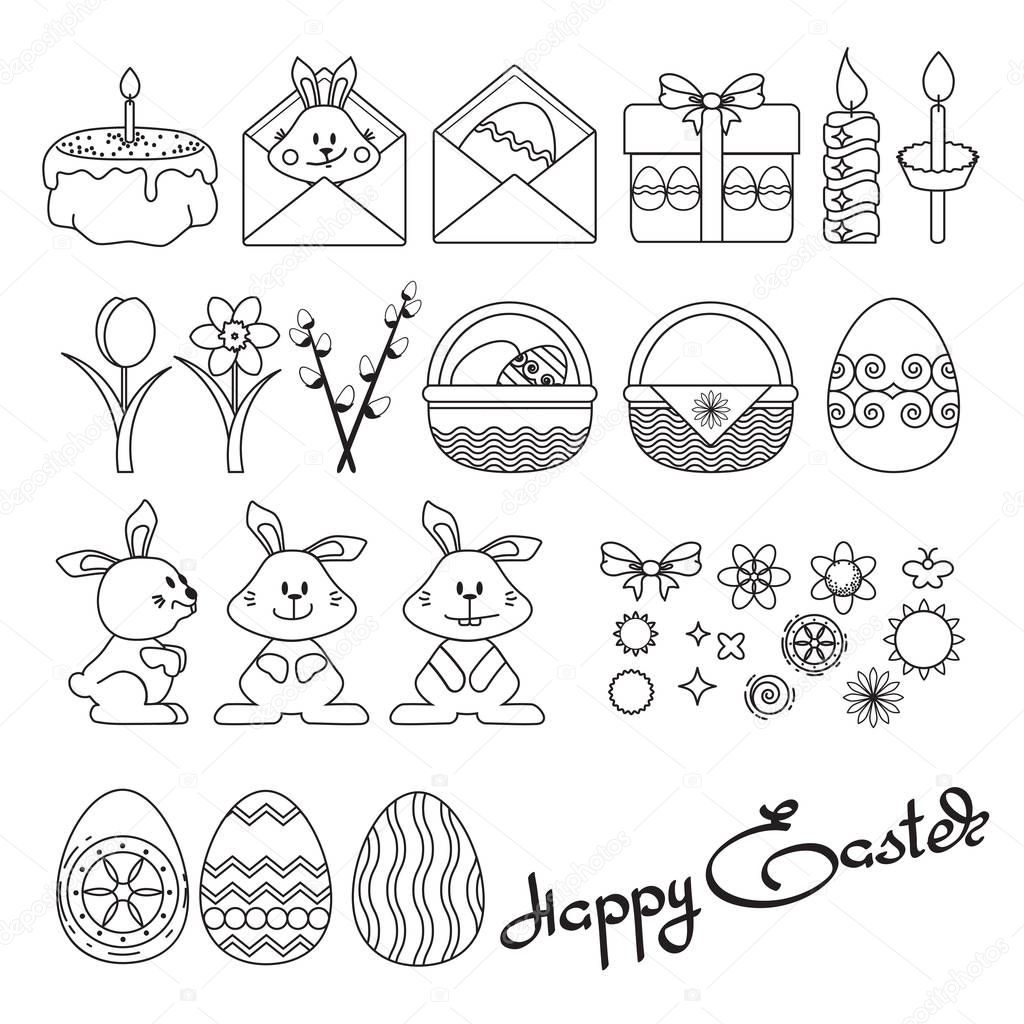 Vector illustration of set Easter icons on white background.