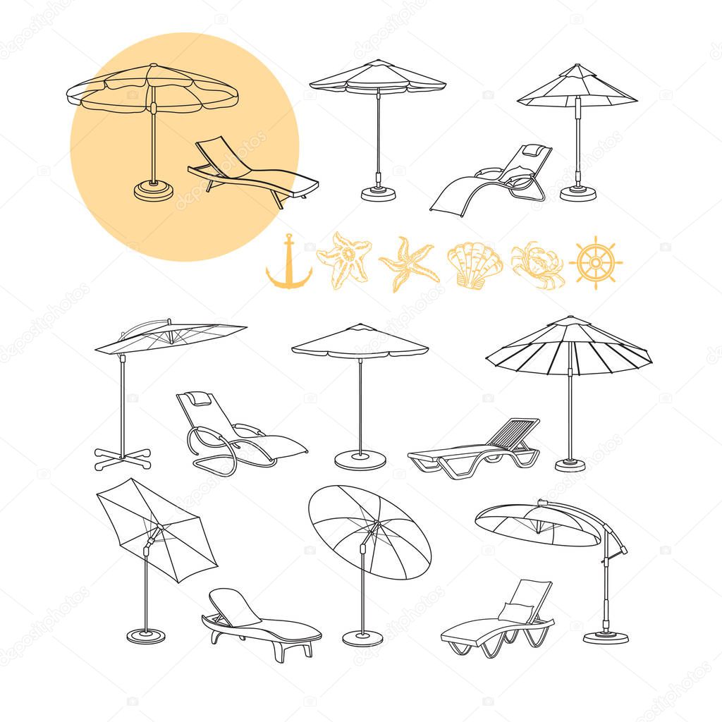 Vector set of umbrella, deck chair icons, sea symbols starfish, wheel, shell, crab and anchor black and yellow contour isolated on white background. Set objects furniture  for summer rest.