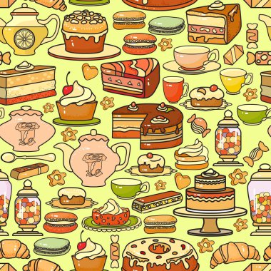 Vektör seamless modeli. Şekerleme simgesi, şirin çeşitli tatlılar simgeler içerir.