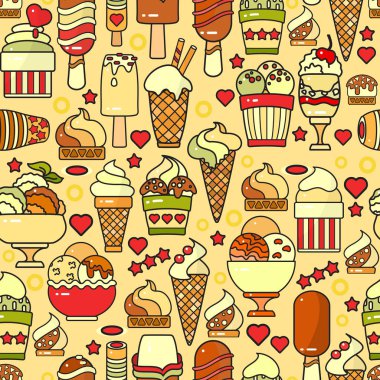 Vektör seamless modeli el ışık arka plan üzerinde renkli dondurma simgesi çizilmiş. Tatlı düz tasarım vektör çizim.