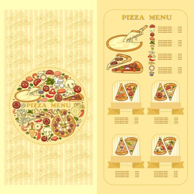 Pizza menü kartı. Şirin, çeşitli pizza madde simgeleri sarı arka plan üzerinde ayarlayın. Pizzacı için.