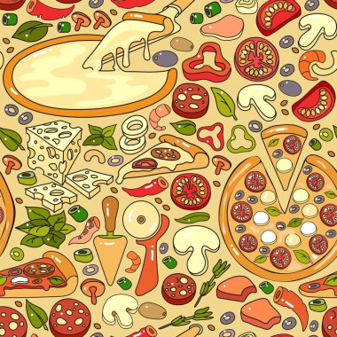 Vektör seamless modeli el ışık arka plan üzerinde renkli pizza madde simgesi çizilmiş. Pizza düz tasarım vektör çizim.