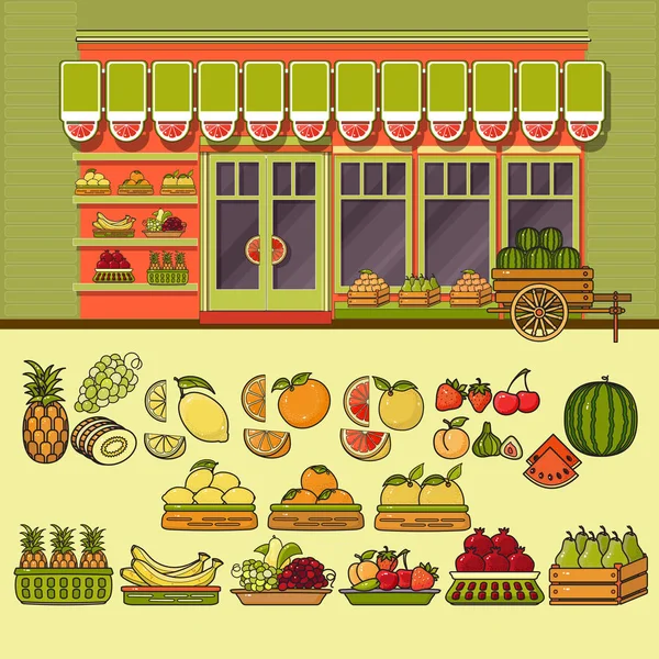 Façade Magasin Fruits Ensemble Mignonnes Diverses Icônes Alimentaires Colorées Illustration — Image vectorielle