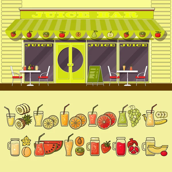 Bar Jus Ensemble Mignonnes Diverses Icônes Colorées Nourriture Boisson Illustration — Image vectorielle