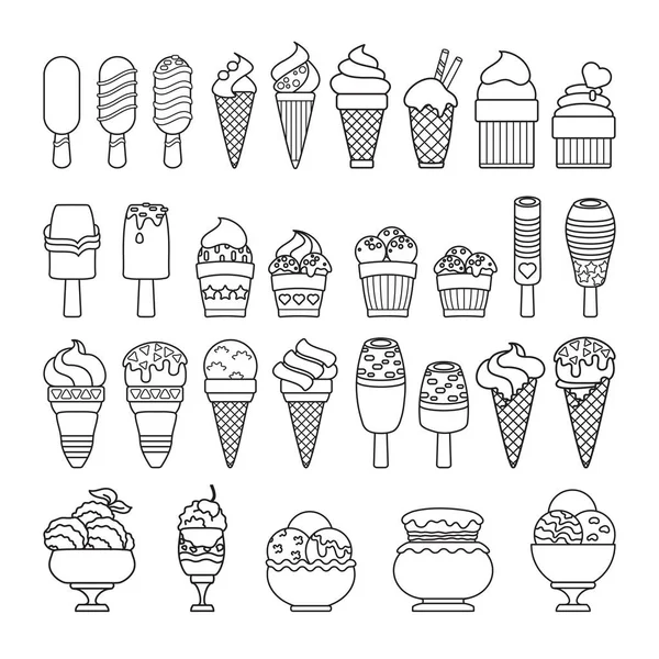 Dondurma simgesi. Şirin, çeşitli tatlılar Icons set. Vektör çizim. Siyah çizgi dondurma beyaz arka plan üzerinde izole. 