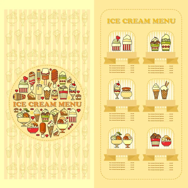 Ice Cream Menu Card Set Cute Various Desserts Icons Yellow — Stock Vector