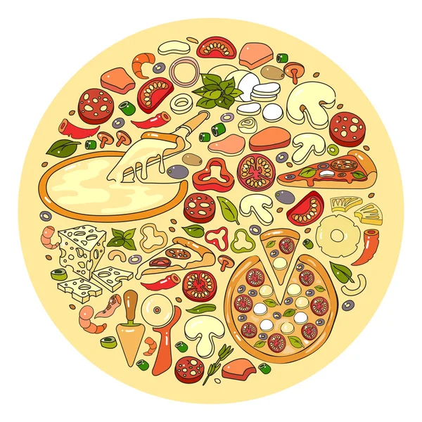 Ensemble Vectoriel Conception Plate Mignonne Icône Ingrédient Pizza Colorée Isolé — Image vectorielle