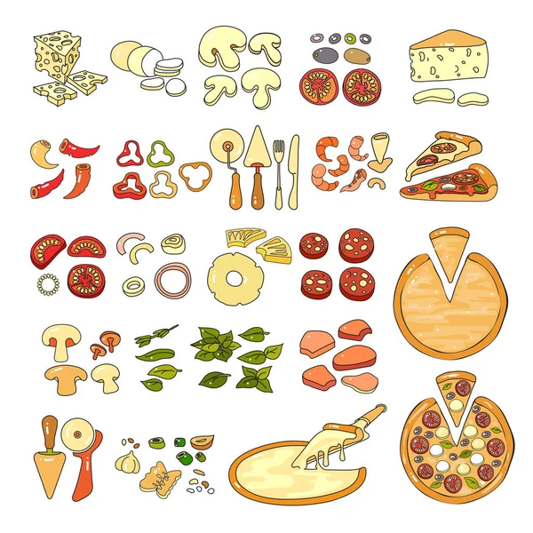 Pizza Ikone Set Von Niedlichen Verschiedenen Pizza Zutaten Symbole Vektorillustration — Stockvektor