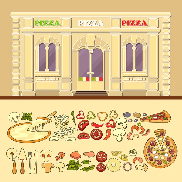 Pizzeria Ensemble Icônes Diverses Pizza Ingrédient Mignon Illustration Vectorielle Design — Image vectorielle