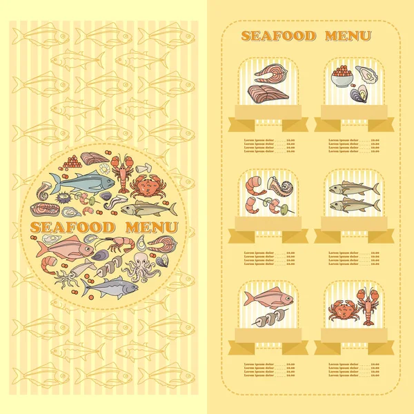 Seafood Menu Card Set Cute Various Seafood Icons Yellow Background — Stock Vector