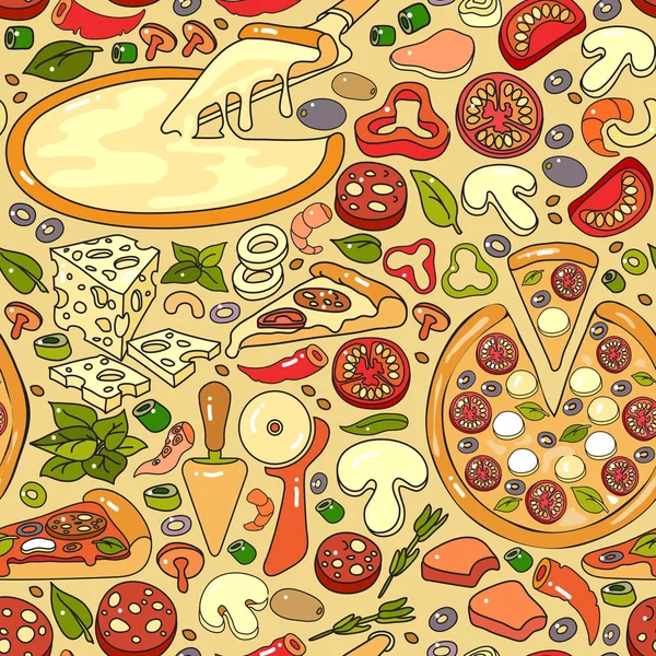 Patrón Sin Costura Vectorial Icono Ingrediente Pizza Colorido Dibujado Mano — Vector de stock