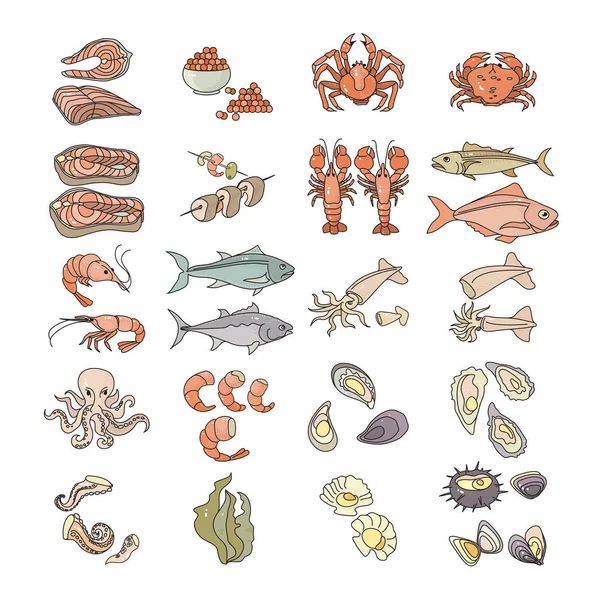 Conjunto Varios Iconos Mariscos Lindo Diseño Plano Ilustración Vectorial Icono — Vector de stock