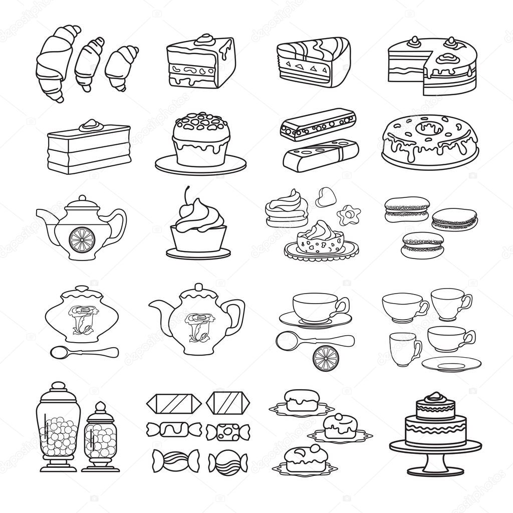 Confectionery icon. Set of cute various desserts icons. Flat design vector illustration. Sweet baked goods, biscuits isolated on white background. For bakery shop recipes, pastry and patisserie or confectionery.