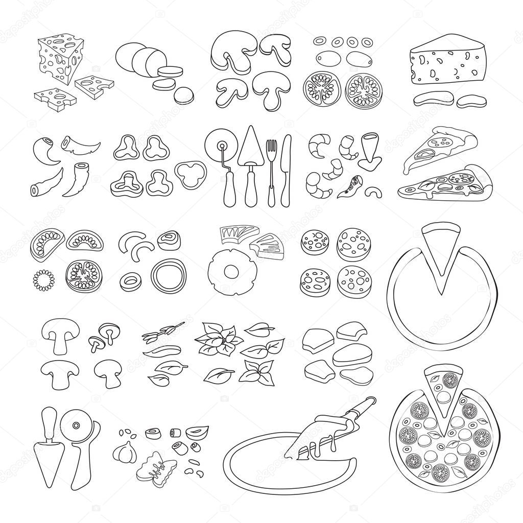Pizza icon. Set of cute various pizza ingredient  icons. Vector illustration. Black line vegetable, seafood and tools for pizza isolated on white background.