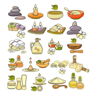 Şirin, çeşitli spa Icons set. Düz tasarım vektör çizim. Beyaz arka plan üzerinde izole renkli spa aksesuar simgesi.