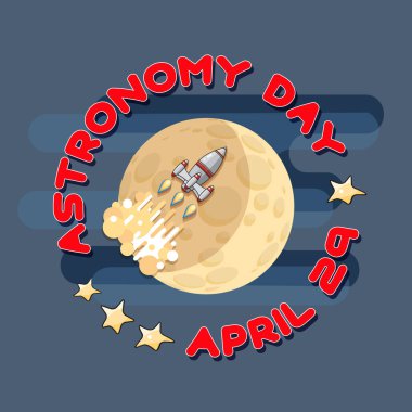 Astronomi gün vektör Illustration. Çizgi film uzay roketi ve ay. Astronomi tebrik kartı.