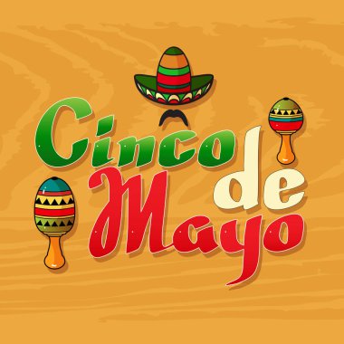 Vektör çizimi Cinco ge Mayo gün. Çizgi film Sombrero, bıyık, maraca ve karakterlerine sarı ahşap zemin üzerinde. 5 Mayıs tebrik kartı.
