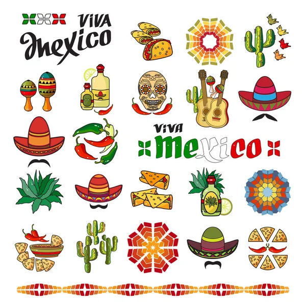 stock vector Viva Mexico icon. Set of cute various mexican icons isolated on white background. Cartoon  Sombrero, guitar, pepper, cactus, maraca, tequila and skull.