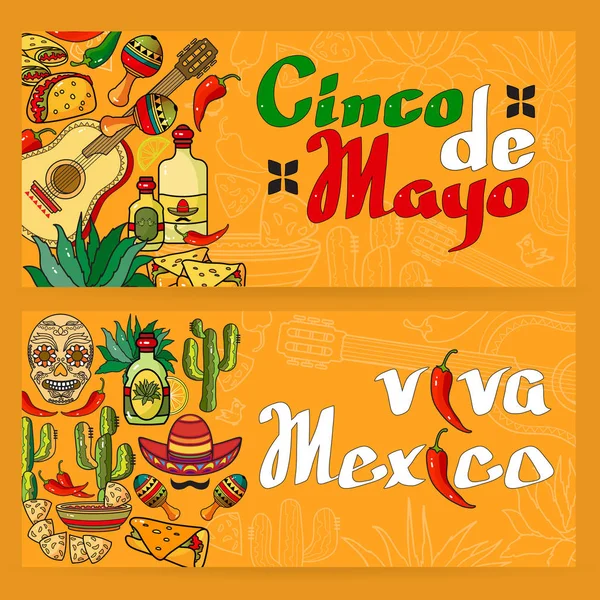 Palavras Manuscritas Viva México Cinco Maio Sombrero Dos Desenhos Animados —  Vetores de Stock