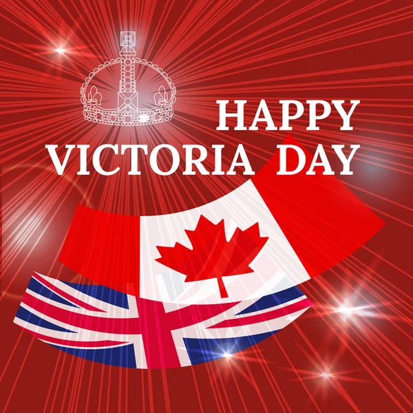 Happy Victoria Day Card Flag Crown Ray Flash Red Background — Stock Vector