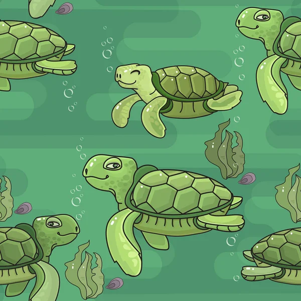 Vector Naadloze Patroon Schattige Cartoon Zeeschildpad Groene Schildpadden Aquamarijn Achtergrond — Stockvector