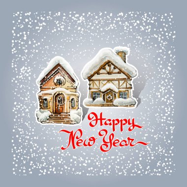Yeni Yılınız Kutlu Olsun. İki ev karla kaplı ve gri arka plan üzerinde el yazısı kelime ile tebrik kartı. Noel karikatür tarzı ev kar kaplı. Sevimli kış üzerinde bina. Vektör çizim.