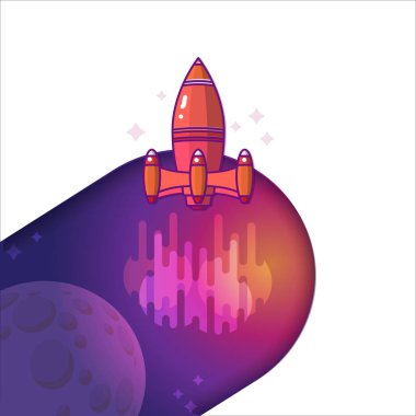 Roket Fırlatma alanı. Uçan bir roket ve metin alanı vektör Illustration. Çizgi film roket uzay gemisi çıkartıyor. Uzay gemisi simgesi. Uzay yolculuğu aya.