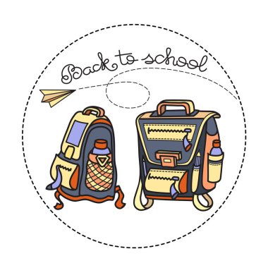 Okula dönüş. El yazısı metin ve görüntü bir okul sırt çantası. Evrak çantası, beyaz arka plan üzerinde izole el çantası. Vektör çizim. 