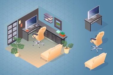 Detaylı izometrik mobilya ile iç parçası ayarlayın. Çalışma alanı ile Oda rahat ofis kanepe, bilgisayar, koltuk, saksı ile tablo içerir. Vektör düz stil 3d çizim.