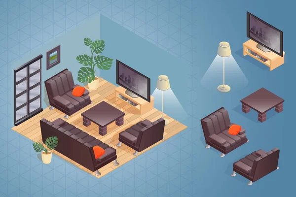 Detaylı izometrik mobilya ile iç parçası ayarlayın. Rahat oturma odası kanepe, tekli siyah döşemelik ve tablo, Tv, lamba ile içerir saksı. Vektör düz stil 3d çizim.