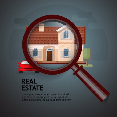 Evin Büyüteç altına. Büyüteç ve hayalinizdeki evi emlak konseptiyle vektör Illustration. Posterler, el ilanları veya reklam Emlak Ofisleri ve yer için uygundur..
