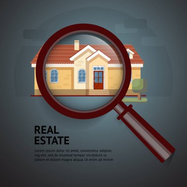 Evin Büyüteç altına. Büyüteç ve hayalinizdeki evi emlak konseptiyle vektör Illustration. Posterler, el ilanları veya reklam Emlak Ofisleri ve yer için uygundur..