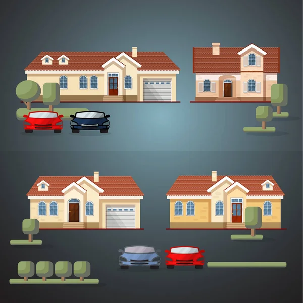 Vector Set Living Houses Cars Trees Isolated Blue Background Flat — Stock Vector