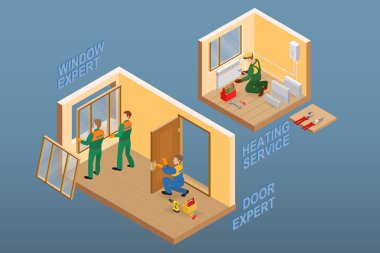 İzometrik iç kavramı onarır. Repairer kapı kolu yükler. İşçiler install pencere içinde windowhole. Isıtma Servisi. Repairer radyatör tamir ediyor. Vektör düz 3d çizim.