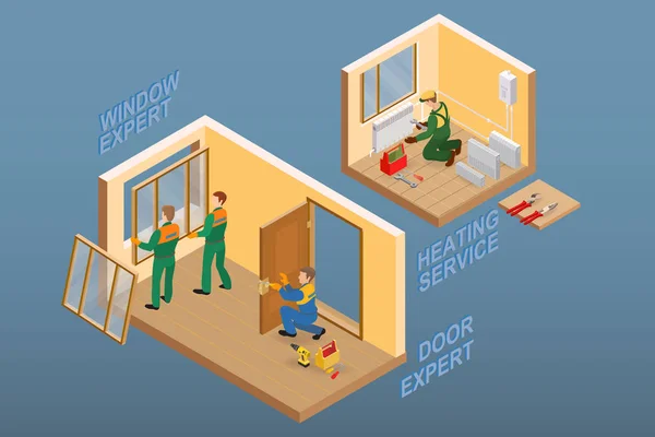 Isometric Interior Repairs Concept Repairer Installs Door Knob Workers Install — Stock Vector