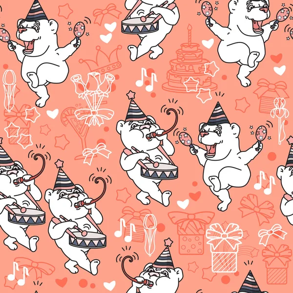 ベクトルのパーティの帽子とピンクの背景に誕生日のお祝いのためのアイコンかわいいクマとシームレスなパターン リボン Let のダンスの言葉 — ストックベクタ